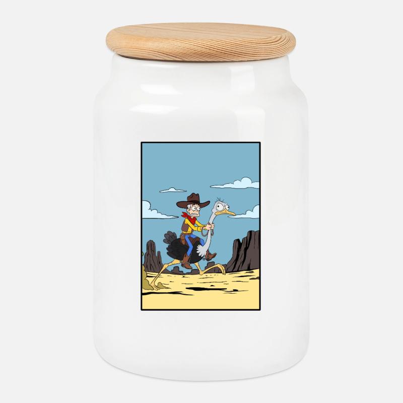 Cowboy reitet Emu in der Wüste - Keksdose mit Holzdeckel - Weiß