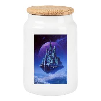 Floating Crystal Castle Above Moon - Cookie Jar with Wooden Lid - white - Front