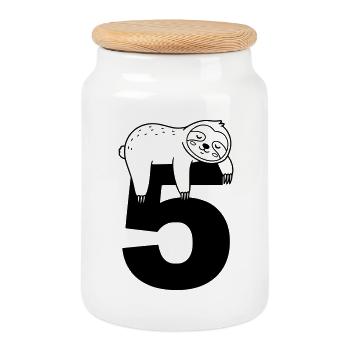 Sleeping sloth on the number five - Cookie Jar with Wooden Lid - white - Front