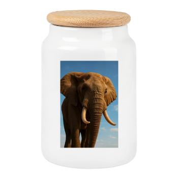 Elephant in close-up with sunshine - Cookie Jar with Wooden Lid - white - Front