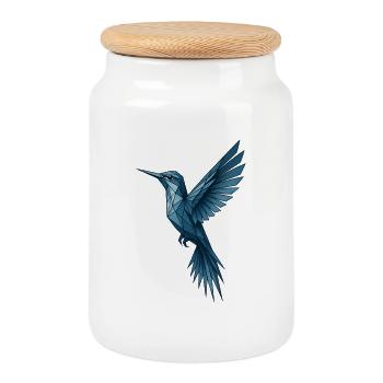 Geometric Blue Hummingbird - Cookie Jar with Wooden Lid - white - Front