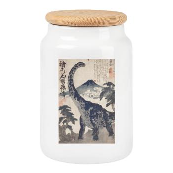 Ukiyo-e Dino under Mount Fuji - Cookie Jar with Wooden Lid - white - Front