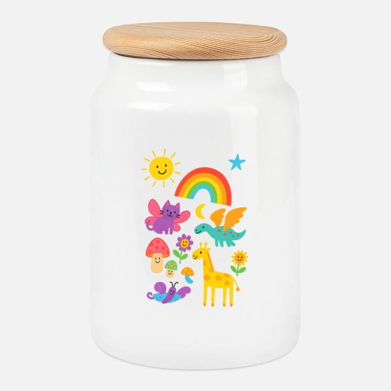 Bunte Kinderwelt: Regenbogen & Tiere - Keksdose mit Holzdeckel - Weiß