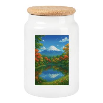 Mount Fuji near Autumn - Cookie Jar with Wooden Lid - white - Front