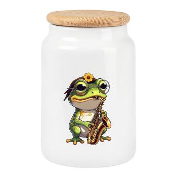 Jazz frog with saxophone - Cookie Jar with Wooden Lid - white - Front