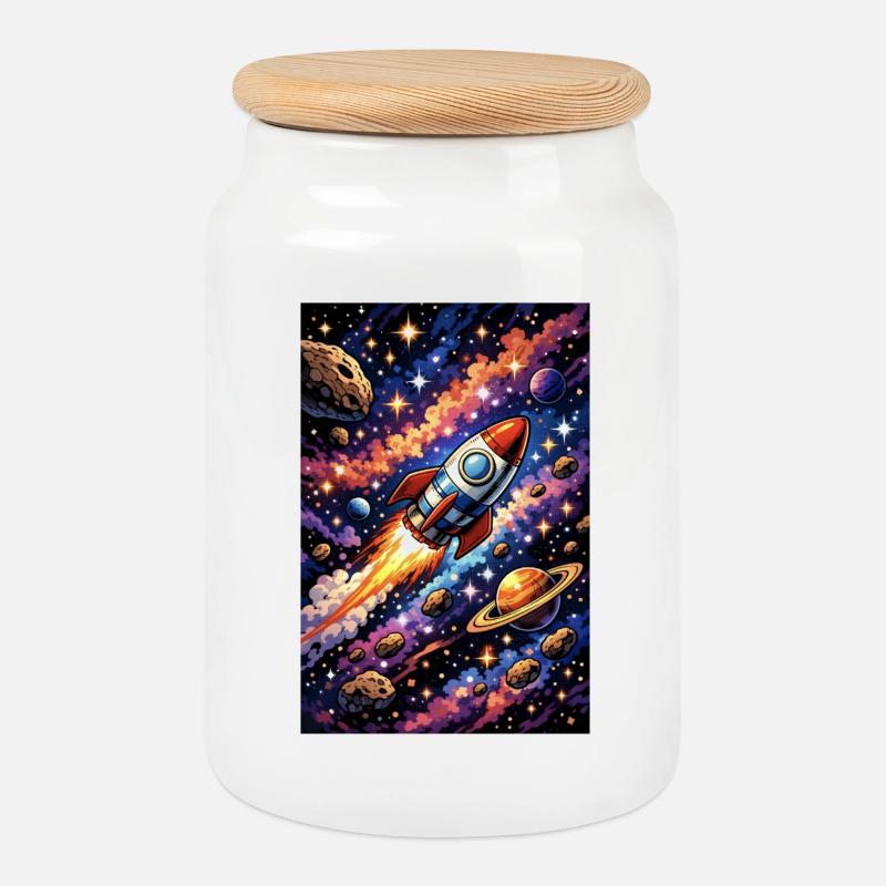 Raketenflug durch Kosmos - Keksdose mit Holzdeckel - Weiß