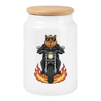 Cool Biker Capybara Motorcycle Flames - Cookie Jar with Wooden Lid - white - Front