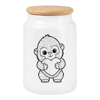 Cute Monkey with Heart – Love Animal Illustration - Cookie Jar with Wooden Lid - white - Front