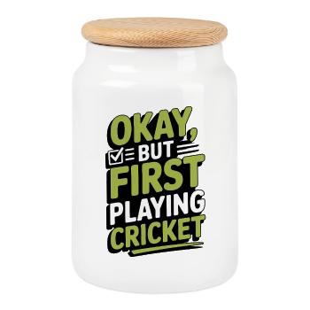 Funny Cricket Saying Vintage Cricket Game - Cookie Jar with Wooden Lid - white - Front