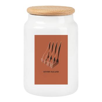 Eat First Talk Later – Kitchen Poster Terracott - Cookie Jar with Wooden Lid - white - Front