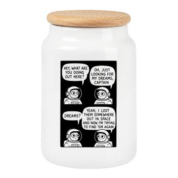 Astronaut Finding Lost Dreams Cartoon - Cookie Jar with Wooden Lid - white - Front
