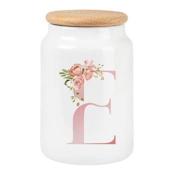 Monogramme floral pastel E - Boîte à biscuits avec couvercle en bois - blanc - Devant