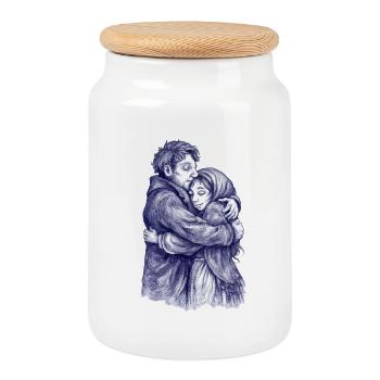 Lovers | Blue Hug Couple Sketch - Cookie Jar with Wooden Lid - white - Front