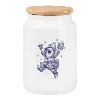 Gnome avec champignon et verre à bière - Boîte à biscuits avec couvercle en bois - blanc - Devant