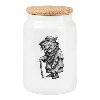 Vieux Vagabond avec bâton | Les haillons de grand-mère - Boîte à biscuits avec couvercle en bois - blanc - Devant