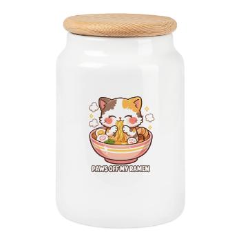 Ramen Chat Pattes Éloignées - Boîte à biscuits avec couvercle en bois - blanc - Devant