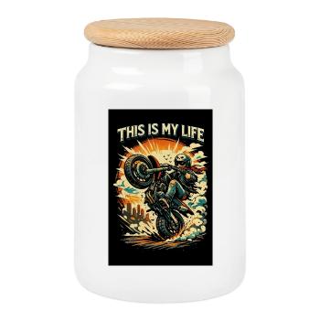 Motorcycle in action - Cookie Jar with Wooden Lid - white - Front