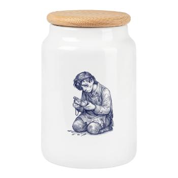 Kneeling Craftsman | Hand Painted Drawing - Cookie Jar with Wooden Lid - white - Front