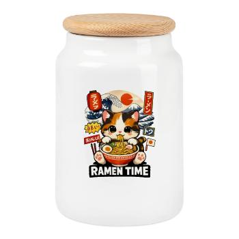 Bol de Kawaii Chat Temps de Ramen - Boîte à biscuits avec couvercle en bois - blanc - Devant