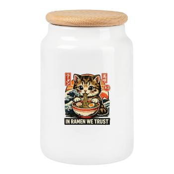 Ramen Cat - Cookie Jar with Wooden Lid - white - Front