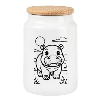 Dessin de lignes de Baby Hippo Safari mignon - Boîte à biscuits avec couvercle en bois - blanc - Devant
