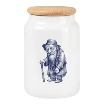 Old man hiker with cane - Cookie Jar with Wooden Lid - white - Front