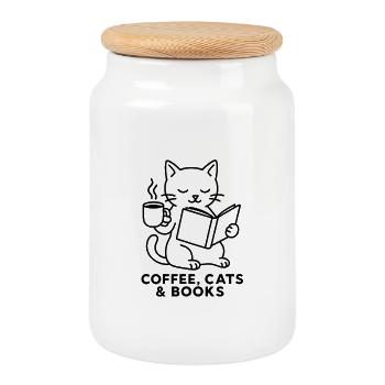 Coffee Cats and Books Lover Design - Cookie Jar with Wooden Lid - white - Front