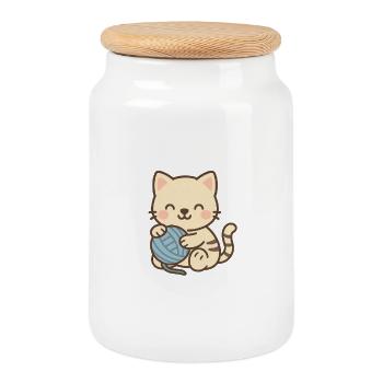 Cute kitten with blue skein - Cookie Jar with Wooden Lid - white - Front