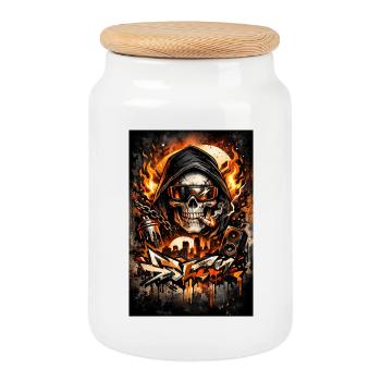 Urbaner Totenkopf mit Flammen Skyline - Keksdose mit Holzdeckel - Weiß - Vorne