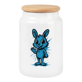 Blue Splash Bunny Graphic - Cookie Jar with Wooden Lid - white - Front