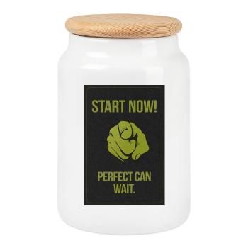 Start now. Perfect can wait. - Cookie Jar with Wooden Lid - white - Front