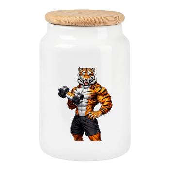 Muscle Tiger Gym Motivation Power Animal - Cookie Jar with Wooden Lid - white - Front