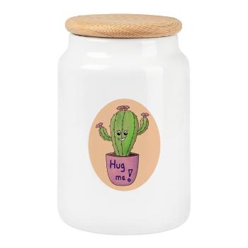 Cactus Hug Art Print - Cookie Jar with Wooden Lid - white - Front