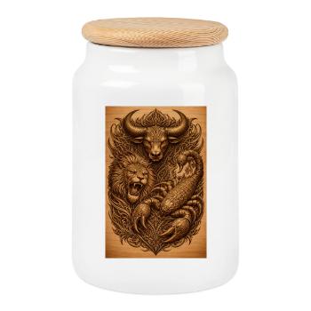 Estampe sur bois du Lion Taureau Scorpion - Boîte à biscuits avec couvercle en bois - blanc - Devant