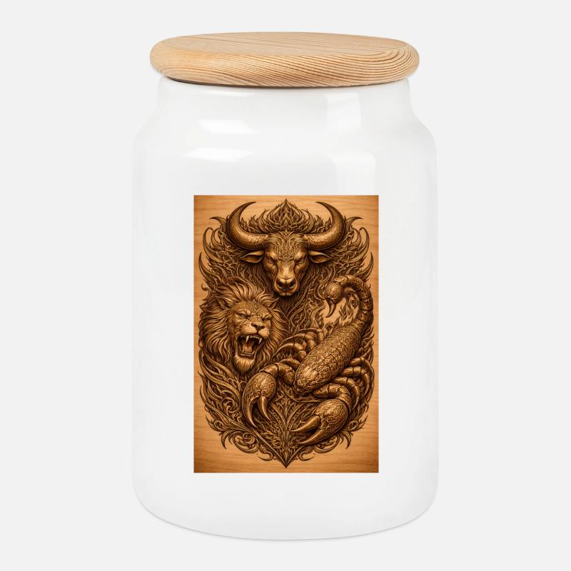 Stier-Löwe-Skorpion Holzbild - Keksdose mit Holzdeckel - Weiß