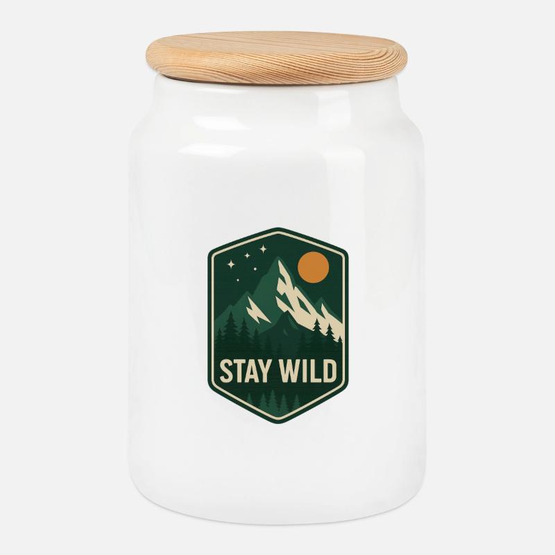 Stay Wild Mountain Forest Patch - Cookie Jar with Wooden Lid - white