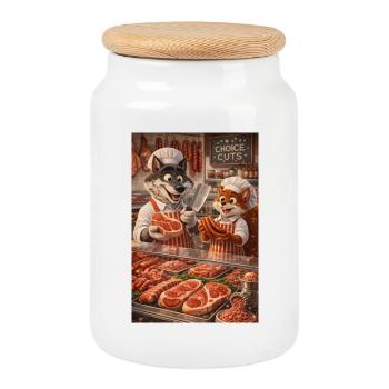 Mr le loup et Mr l'écureuil dans une boucherie - Boîte à biscuits avec couvercle en bois - blanc - Devant