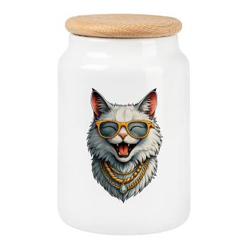 Happy Lady Cat -  Sonnenbrille & Goldketten - Keksdose mit Holzdeckel - Weiß - Vorne