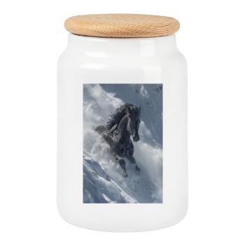 Winter Stallion in Snow Drift - Cookie Jar with Wooden Lid - white - Front