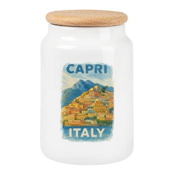 Capri Italy – Watercolor Travel Poster Mediterranean - Cookie Jar with Wooden Lid - white - Front