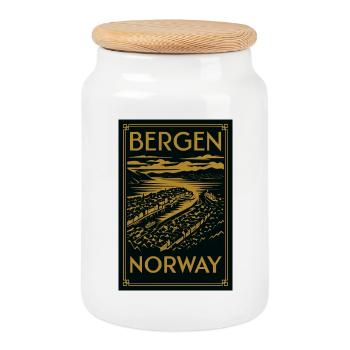 Bergen Norway – Vintage Travel Poster Art Deco - Cookie Jar with Wooden Lid - white - Front