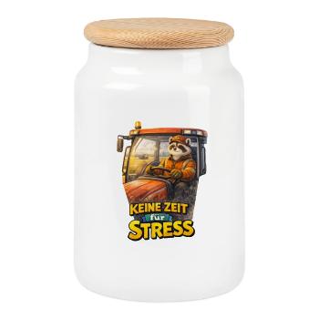 No time for stress – Tractor driver raccoon - Cookie Jar with Wooden Lid - white - Front
