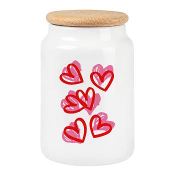 Small Heart Doodle Design - Cookie Jar with Wooden Lid - white - Front