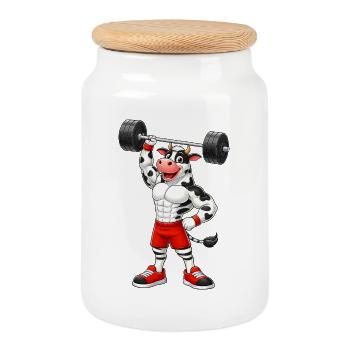 Muskulöser Bulle Kuh Bodybuilder Hantel Training - Keksdose mit Holzdeckel - Weiß - Vorne
