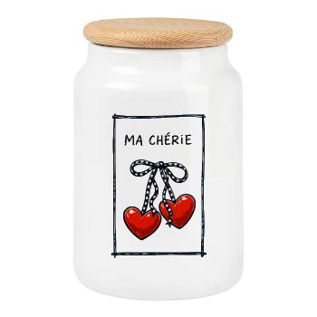Ma Chérie – Sweet Heart Cherries Illustration - Cookie Jar with Wooden Lid - white - Front