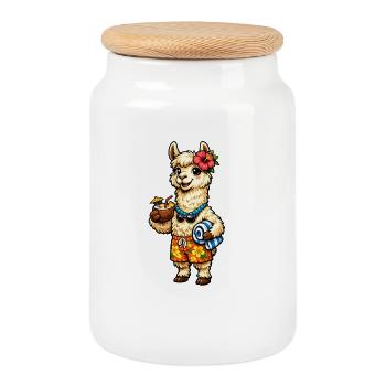Lama sur la plage avec une décoration florale - Boîte à biscuits avec couvercle en bois - blanc - Devant