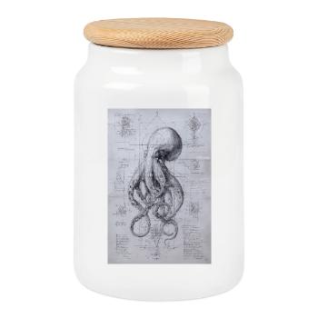 Octopus Blueprint Sketch - Cookie Jar with Wooden Lid - white - Front