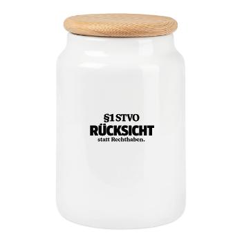 §1 StVO – Consideration instead of being right - Cookie Jar with Wooden Lid - white - Front