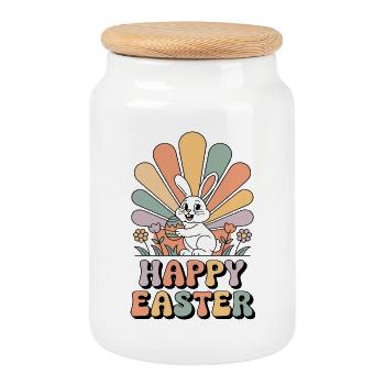 Pastel bunny in Easter rays - Cookie Jar with Wooden Lid - white - Front