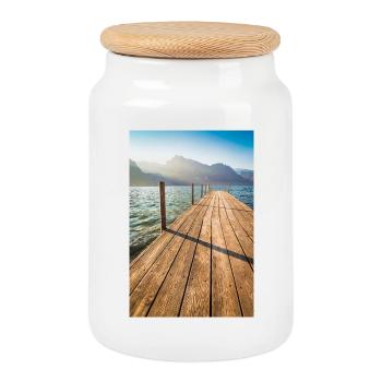 Jetée en bois au lac de la montagne au soleil - Boîte à biscuits avec couvercle en bois - blanc - Devant